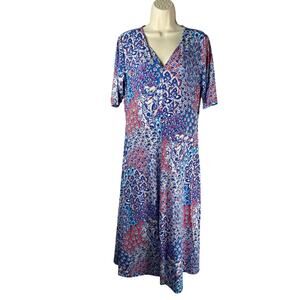 Chaus New York Dress Womens Large Abstract Floral Print Jersey Knit Maxi V-neck